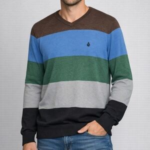 Volcom Men's COTTON Knit Size M Blend Crew Neck Slim Fit Stripe Long Sleeve